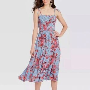 Knox Rose Tiered Midi Dress Size XL Blue Floral Rayon Cottagecore Boho Country